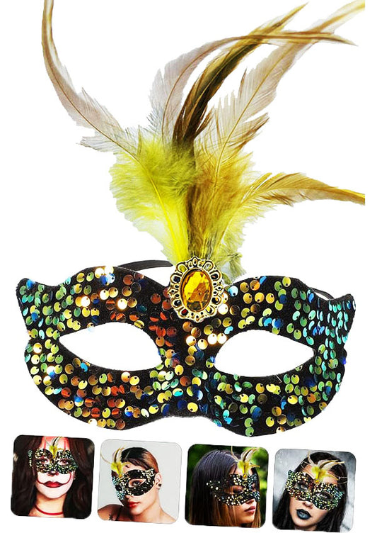 Colorful Sequin and Glitter Yellow Feather Yellow Stone Party Mask on Black Velvet 19x21 cm (5347)