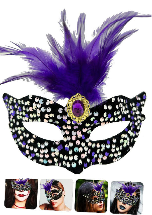 Colorful Sequined Feathered Purple Stone Party Mask on Black Velvet 19x21 cm (5347)