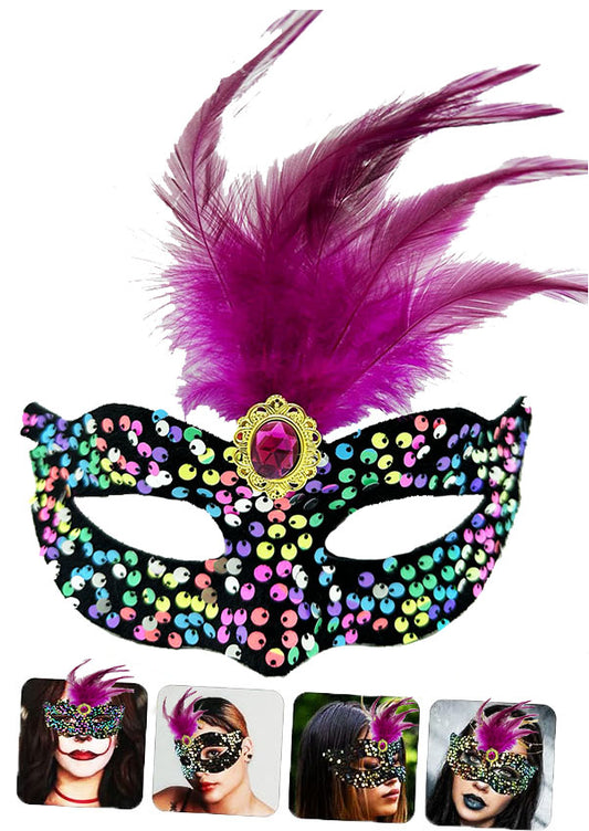 Black Velvet Colorful Sequin Pink Feather Pink Stone Party Mask 19x21 cm (5347)