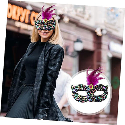 Black Velvet Colorful Sequin Pink Feather Pink Stone Party Mask 19x21 cm (5347)