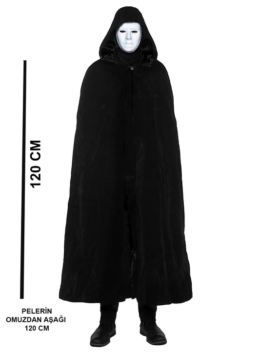 Black Hooded 120 cm Cape and White Paintable Full Face Mask (5347)