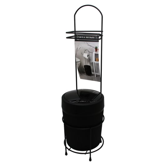 BLACK METAL WC PAPER HOLDER WITH ROUND PLASTIC BUCKET (5347)