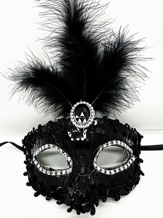 Black Sequin Feathered Party Mask 17x20 cm (5347)