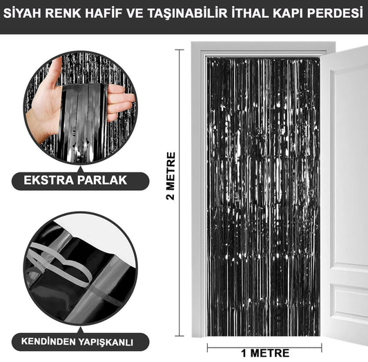 Black Extra Metallized Glossy Fringe Backdrop Curtain Imported A Quality 1x2 Meter (5347)
