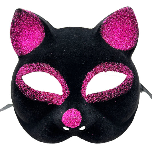 Black Fuchsia Glitter Suede Cat Mask