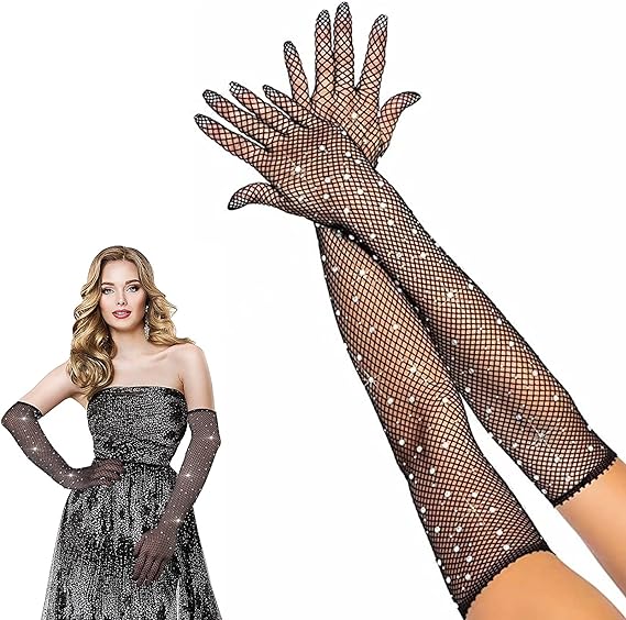 Black Beaded Diamond Embroidered Fishnet Long Gloves 45 cm (5347)