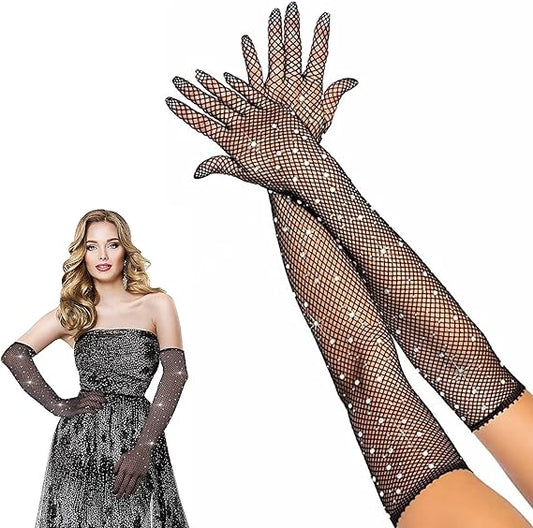 Black Beaded Diamond Embroidered Fishnet Long Gloves 45 cm (5347)