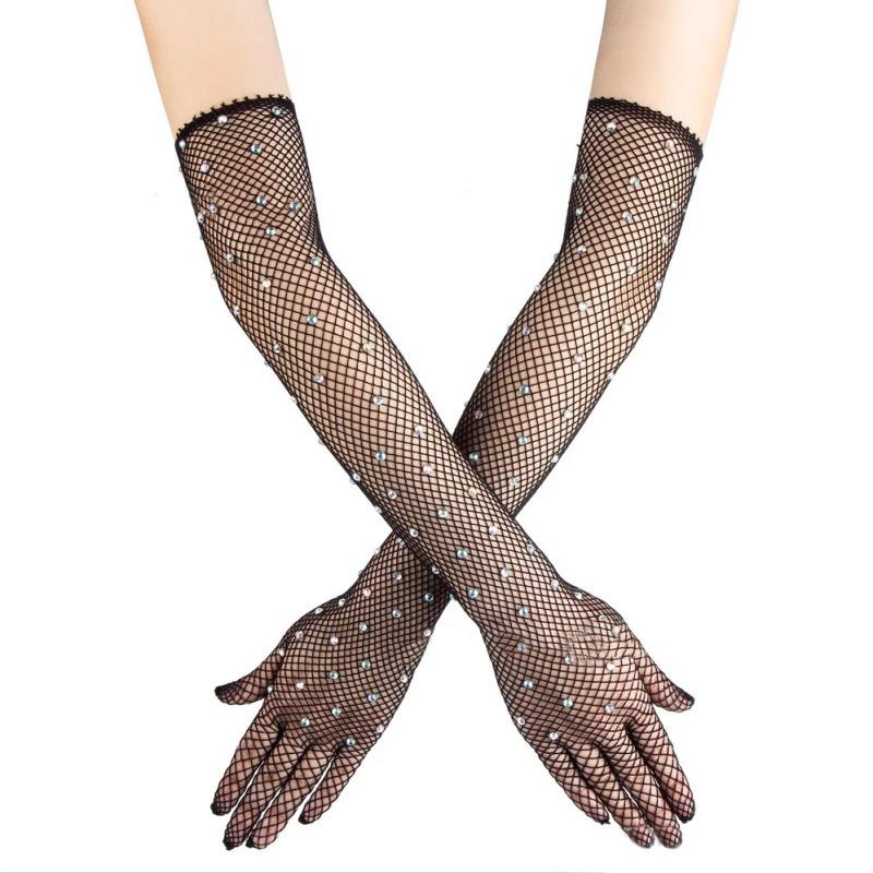 Black Beaded Diamond Embroidered Fishnet Long Gloves 45 cm (5347)