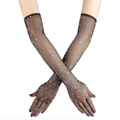 Black Beaded Diamond Embroidered Fishnet Long Gloves 45 cm (5347)