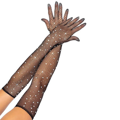 Black Beaded Diamond Embroidered Fishnet Long Gloves 45 cm (5347)