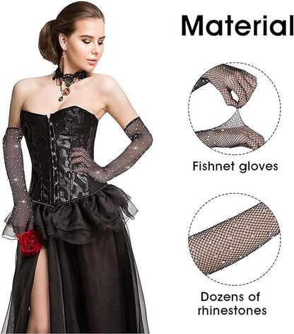 Black Beaded Diamond Embroidered Fishnet Long Gloves 45 cm (5347)