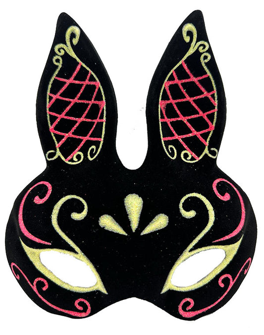 Black Color Red Gold Glitter Black Suede Coated Rabbit Mask 18x16 cm (5347)