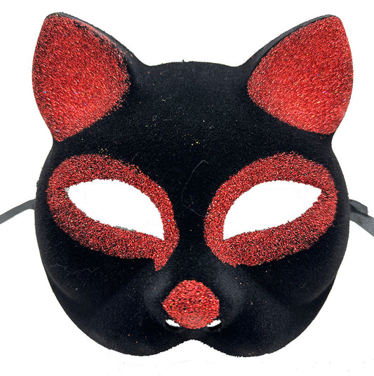 Black Red Glitter Suede Cat Mask