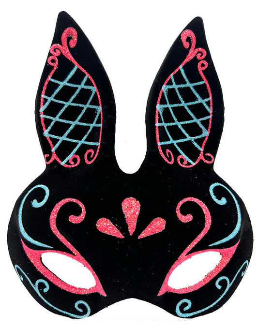 Black Blue Red Glitter Black Suede Coated Rabbit Mask 18x16 cm (5347)