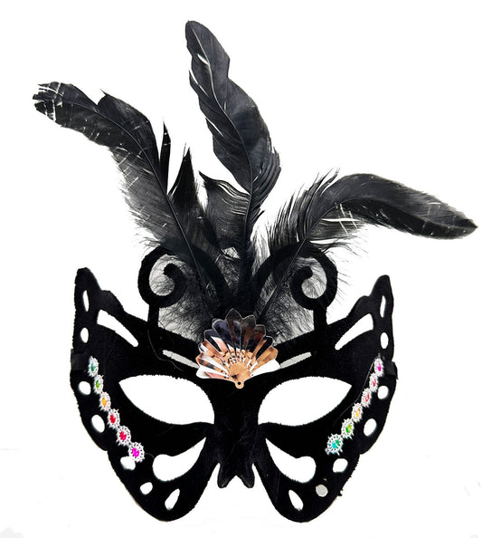 Black Suede Feathered Butterfly Design Party Mask