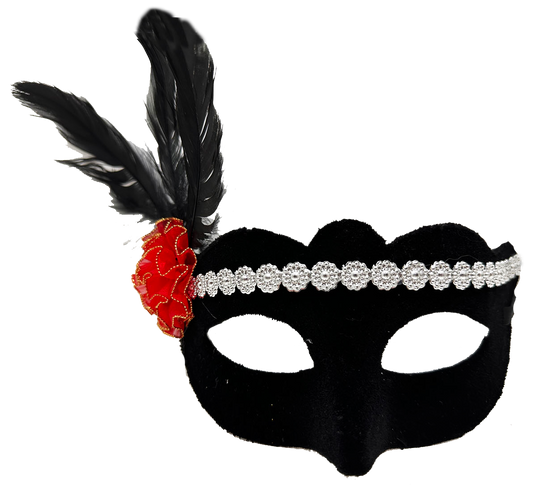 Black Suede Coated Silver Lace Red Rose Design Party Mask 18x20 cm (5347)