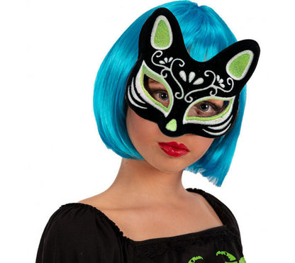 Black Suede Coated Cat Mask with Silver Green Glitter 17x14 cm (5347)