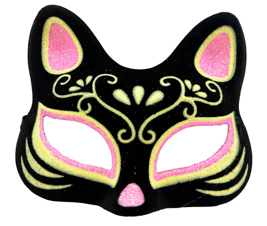 Pink and Yellow Glitter Cat Mask on Black Suede Coating 17x14 cm (5347)