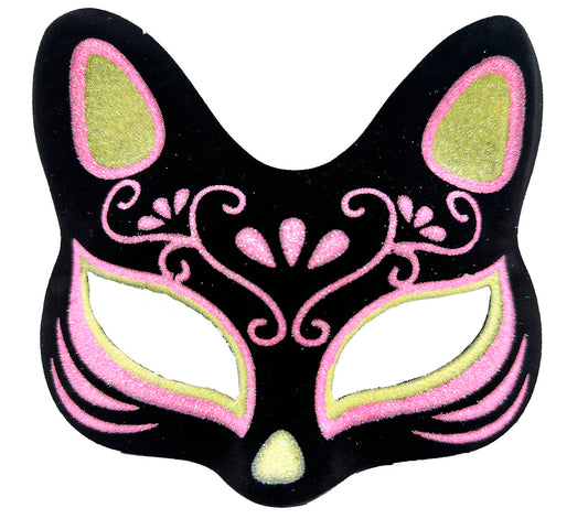 Black Suede Finish with Yellow Pink Glitter Cat Mask 17x14 cm (5347)
