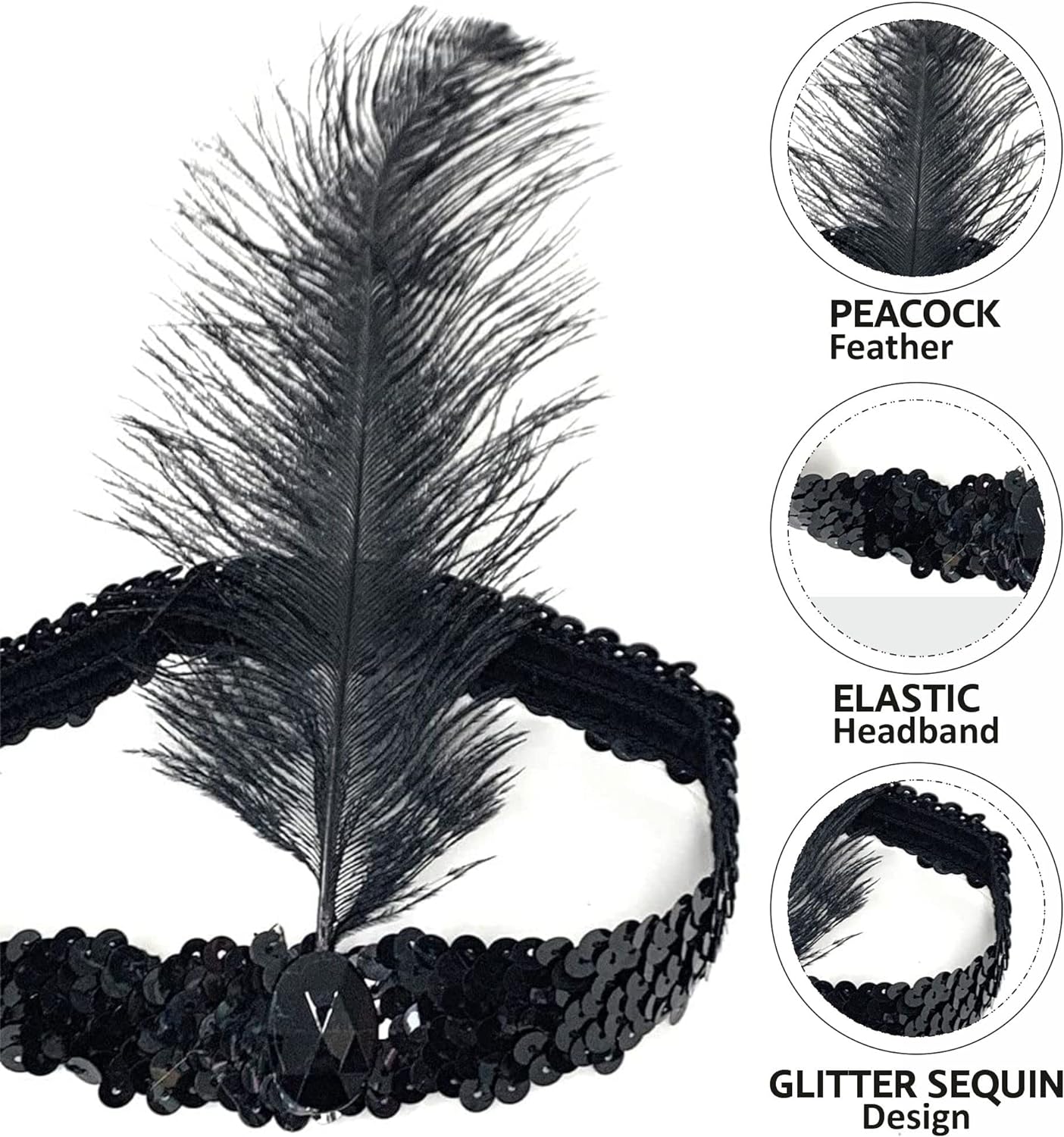 Black Feathered Charleston Hair Band Headband (5347)