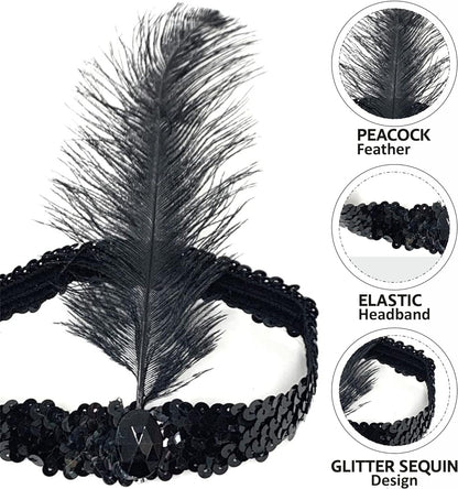 Black Feathered Charleston Hair Band Headband (5347)