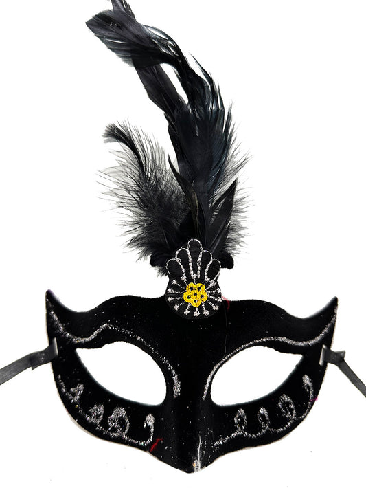 Black Colored Feathered Black Suede Covered Party Ball Mask 20X16 cm (5347)