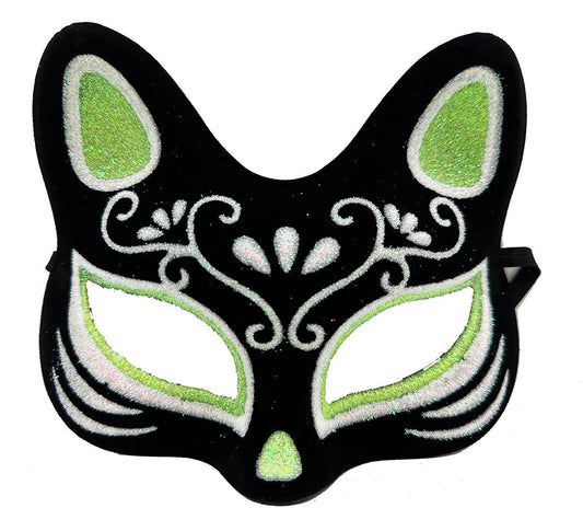 Black Suede Coated Silver Green Glitter Cat Mask