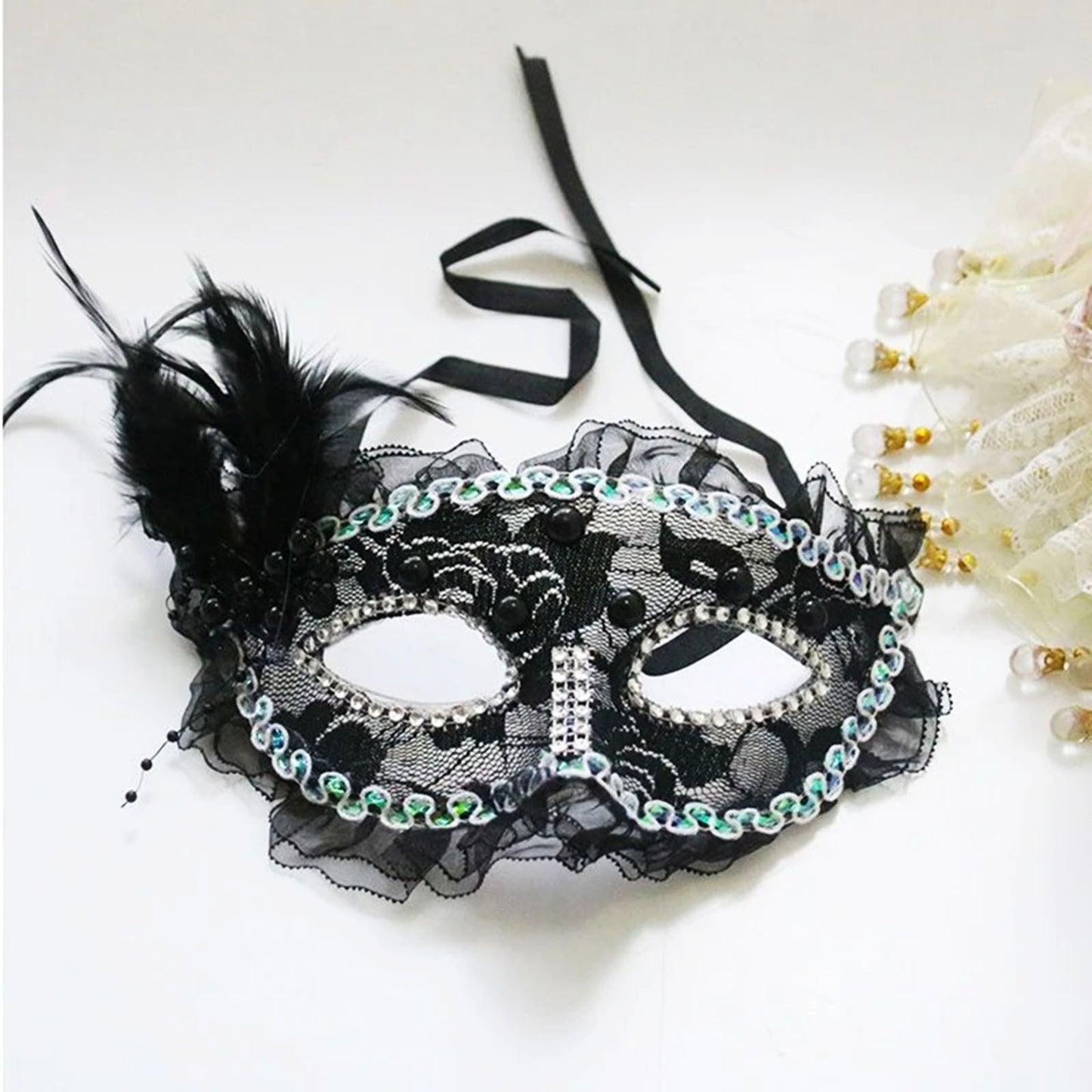Lace Party Mask with Pearl and Stone Embroidery