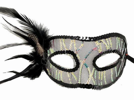 Black Side Feather Sequin Mask