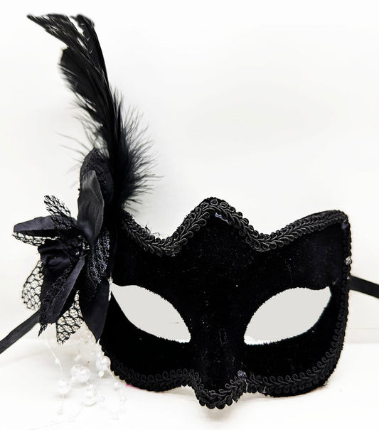 Black Suede Faux Fur Trim Pearl Party Mask
