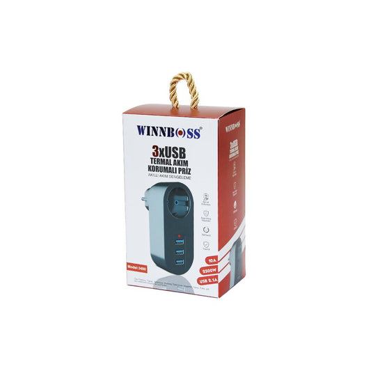 SİYAH TERMAL AKIM KORUMALI  1XPRİZ 3XUSB DUVAR TİPİ PRİZ 10A - 2500W (5347)