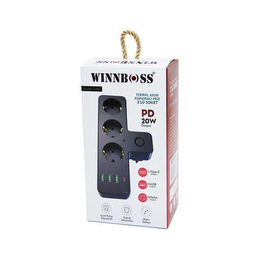 BLACK THERMAL CURRENT PROTECTED 3-SOCKET 3-USB (1XTYPE-C) WALL OUTLET (5347)