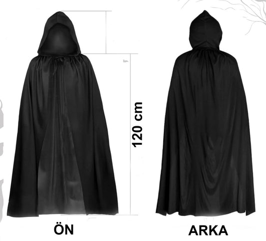 Black Long Hooded Cloak 120 cm - Cosplay and Party Costume (5347)