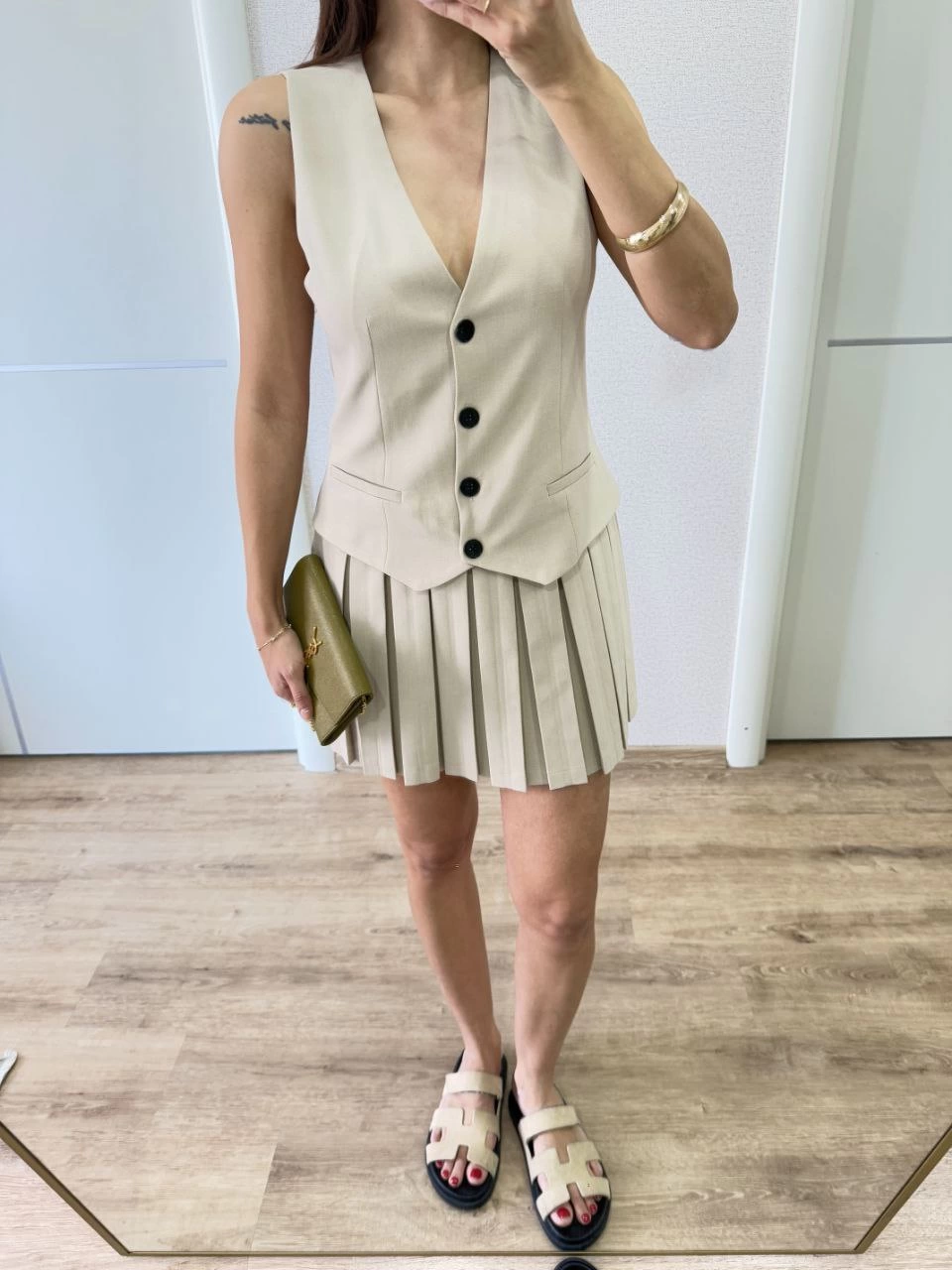 Linen-Look Button-Detailed Vest Mini Dress - Beige