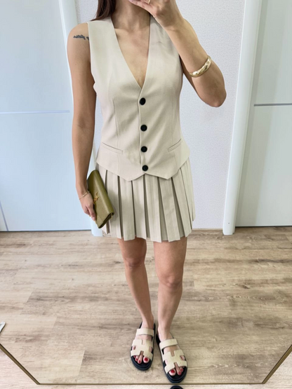 Linen-Look Button-Detailed Vest Mini Dress - Beige