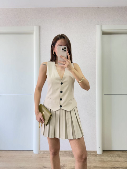 Linen-Look Button-Detailed Vest Mini Dress - Beige