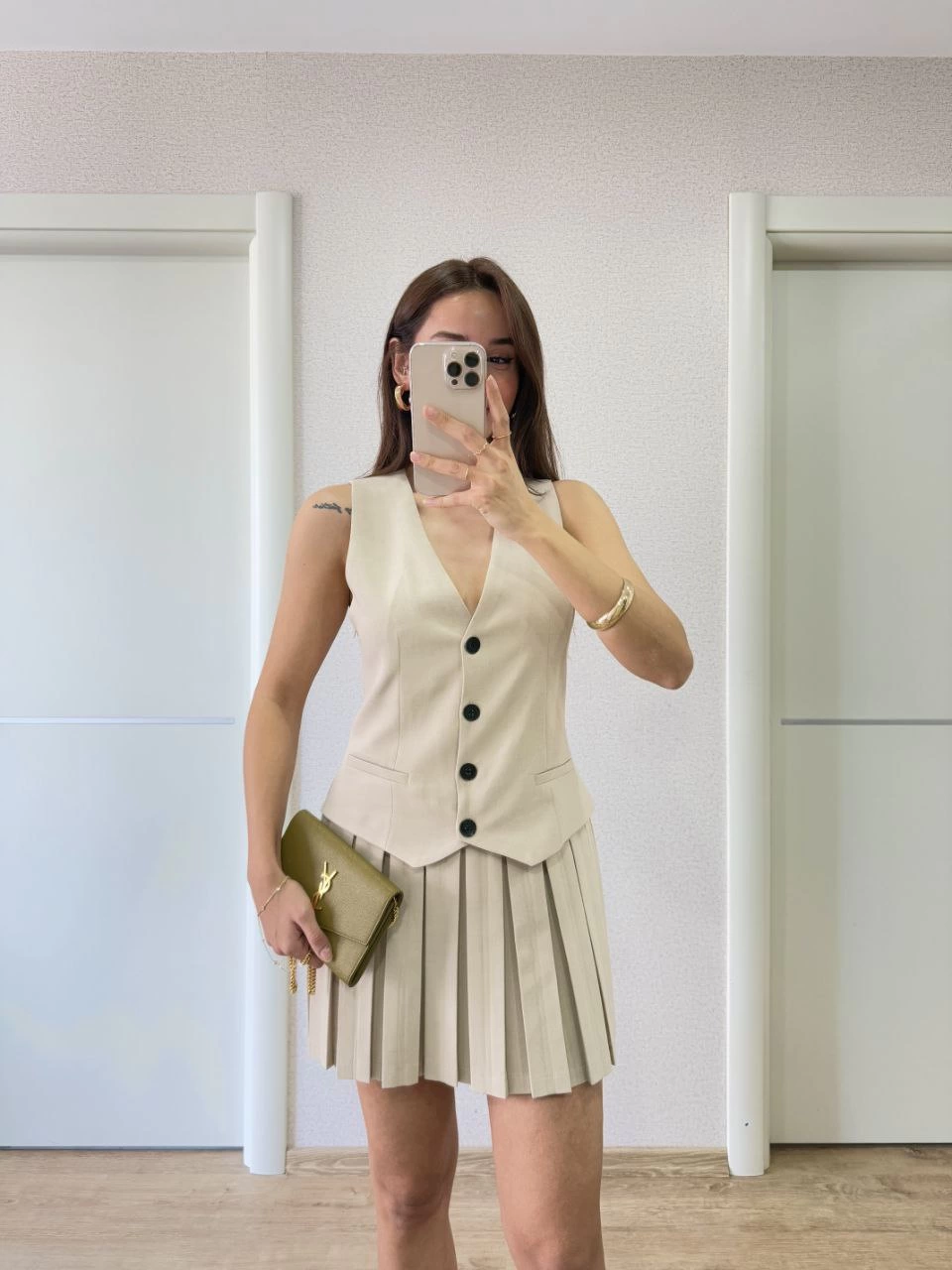 Linen-Look Button-Detailed Vest Mini Dress - Beige