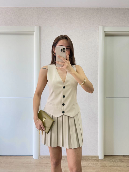 Linen-Look Button-Detailed Vest Mini Dress - Beige