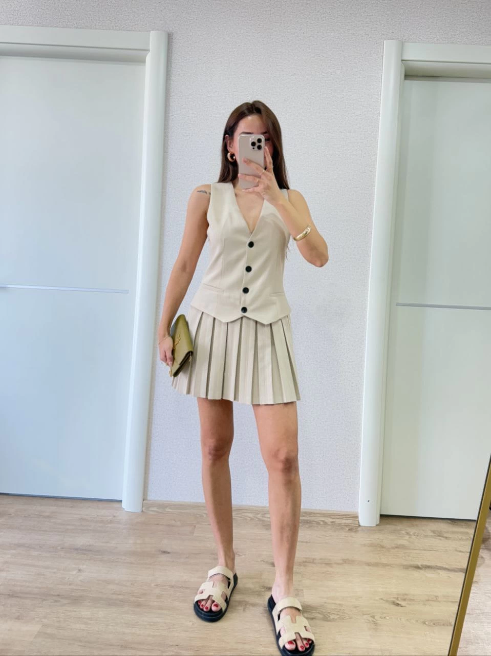 Linen-Look Button-Detailed Vest Mini Dress - Beige