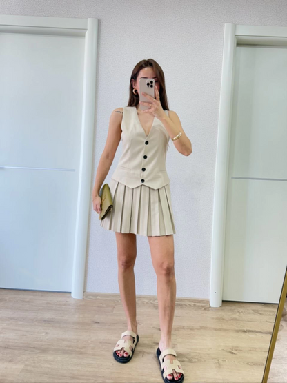 Linen-Look Button-Detailed Vest Mini Dress - Beige