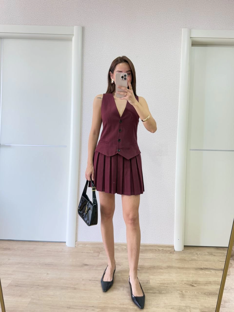 Linen-Look Button Detail Vest Mini Dress - Burgundy