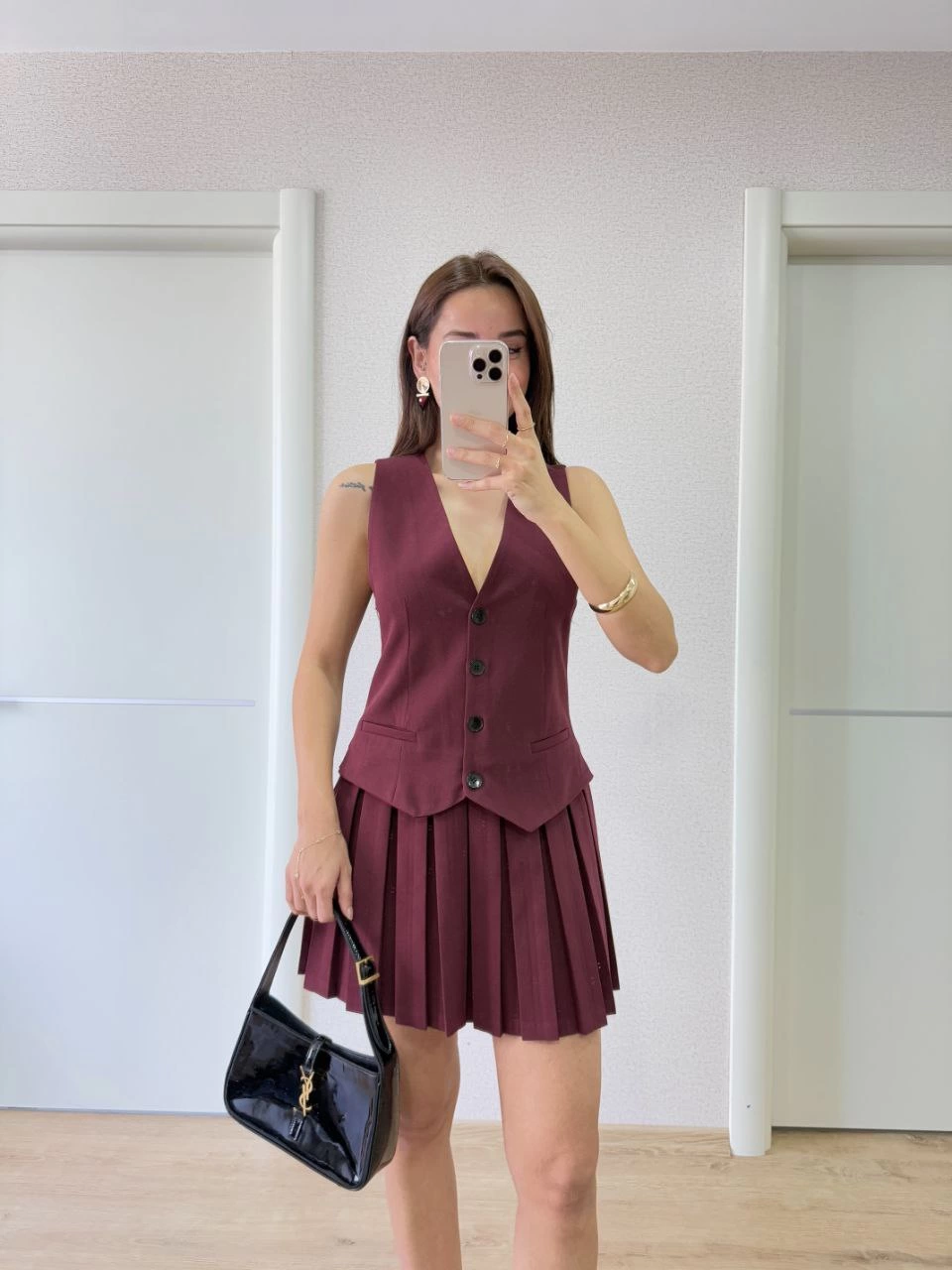 Linen-Look Button Detail Vest Mini Dress - Burgundy