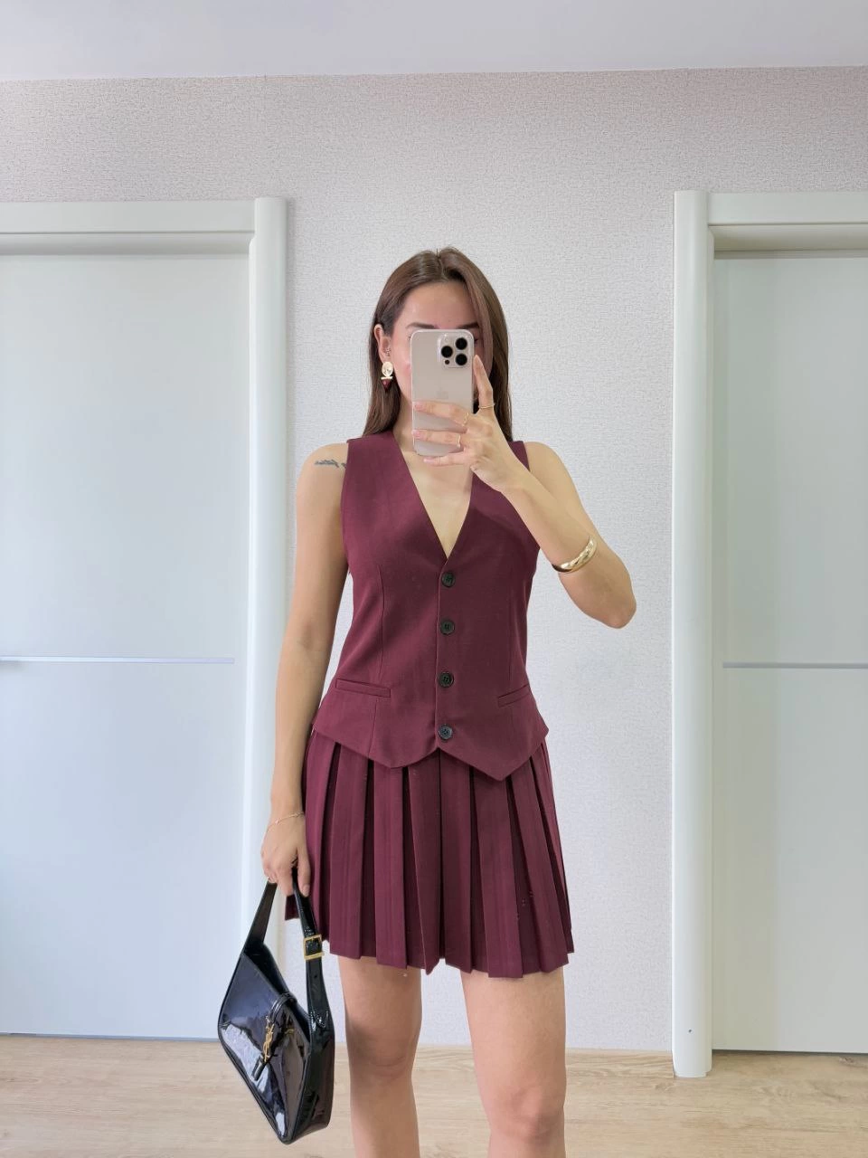 Linen-Look Button Detail Vest Mini Dress - Burgundy