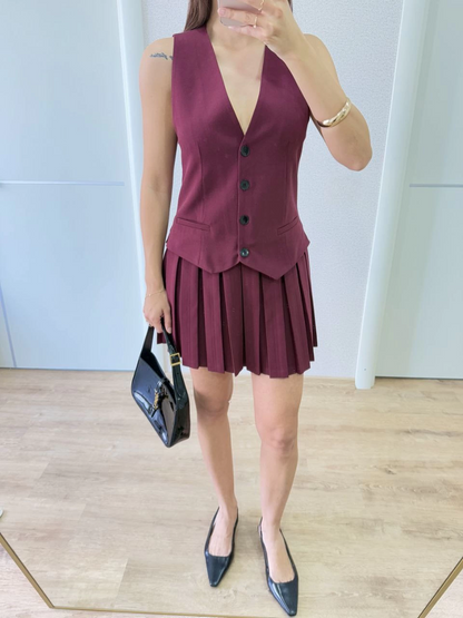 Linen-Look Button Detail Vest Mini Dress - Burgundy