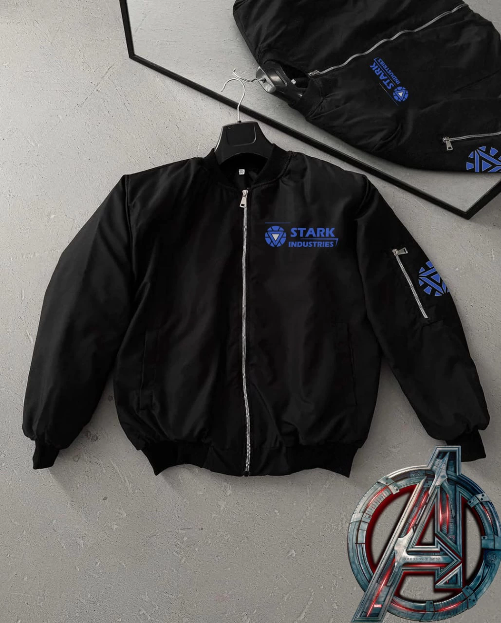 Stark Industries Siyah Bomber Mont - Fermuarlı, Cepli, Uzun Kollu, Kapitone Astarlı, Bahar ve Kış Mevsimi Rahat Unisex Ceket - Siyah