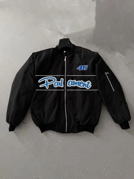 Black Parliament Bomber Jacket - Size 46 Detailed, Zippered, Pockets, Long Sleeves, Comfortable Unisex Jacket for Sport and Daily Wear - Black