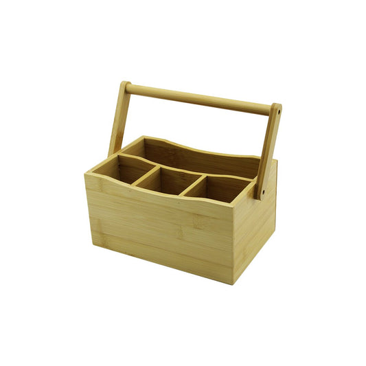 WITH CARRY HANDLE - 3+1 COMPARTMENT BAMBOO - WOODEN COUNTERTOP CUTLERY HOLDER (5347)