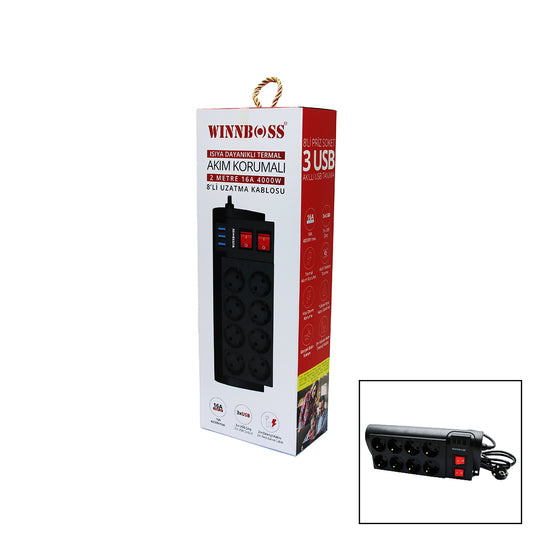 TERMAL AKIM KORUMALI 16A 8Lİ PRİZ 3XUSB 2MT ANAHTARLI UZATMA KABLO SİYAH (5347)