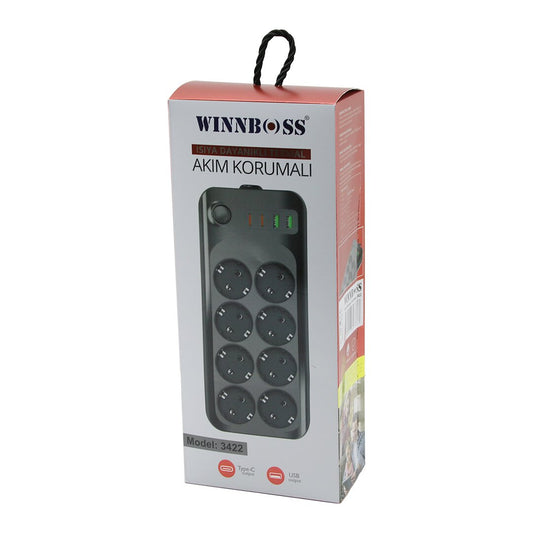 TERMAL AKIM - KISA DEVRE KORUMALI 8Lİ PRİZ 2+2 USB-TYPE-C - 2 METRE ANAHTARLI UZATMA KABLO 16A - 4000W (5347)