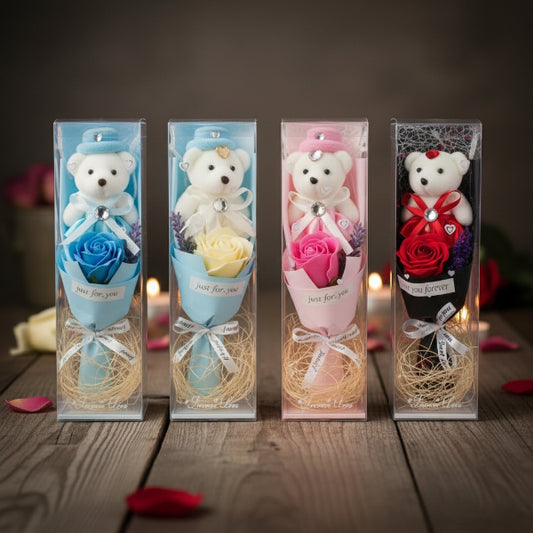 Rose Bouquet with Teddy Bear in a Transparent Box